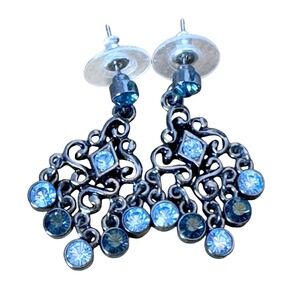 Vintage Silver Tone Blue Rhinestone Chandelier Earrings Dangle Post